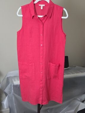 Eileen Fisher Sleeveless Linen Button Dress in Vibrant Grendine (Ruby Red) Color